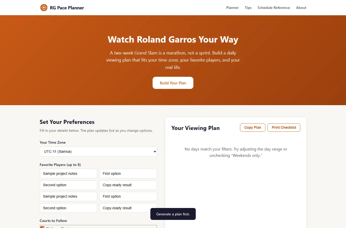 Screenshot of Tennis Match Pace and Session Planner interface showing the project page in use